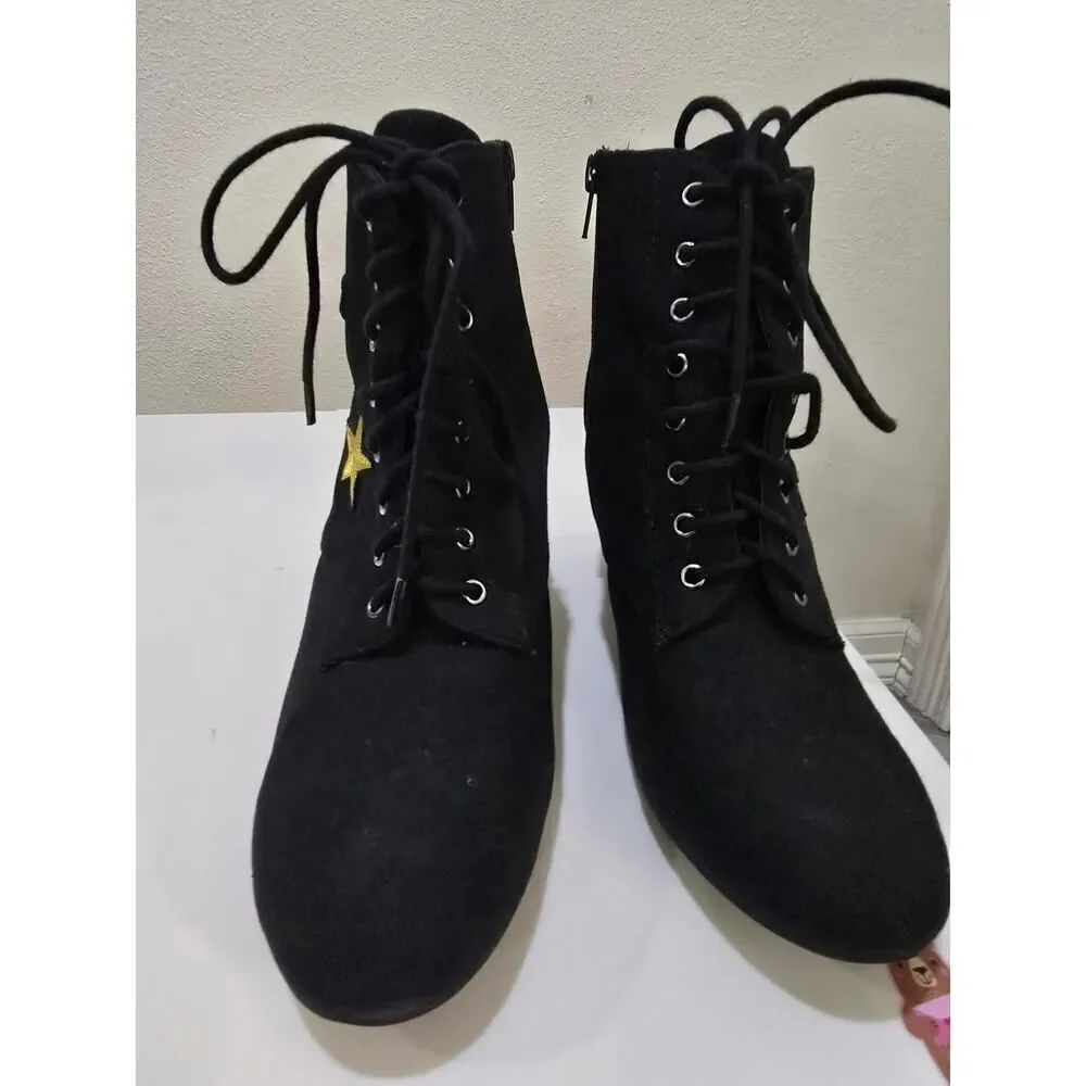 Black Ankle Boots Lace Up Block Heel Star Patch Size 8.5 Women Airforce Grunge - Picture 8 of 8